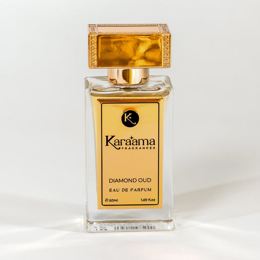 Luxurious Karaama Diamond Oud Eau de Parfum featured on a pristine background, capturing elegance with its golden accents and the promise of a mesmerizing scent sensation. Popular among fragrance aficionados. #LuxuryFragrance #EauDeParfum #PerfumeLovers #ScentTrends #Karaama