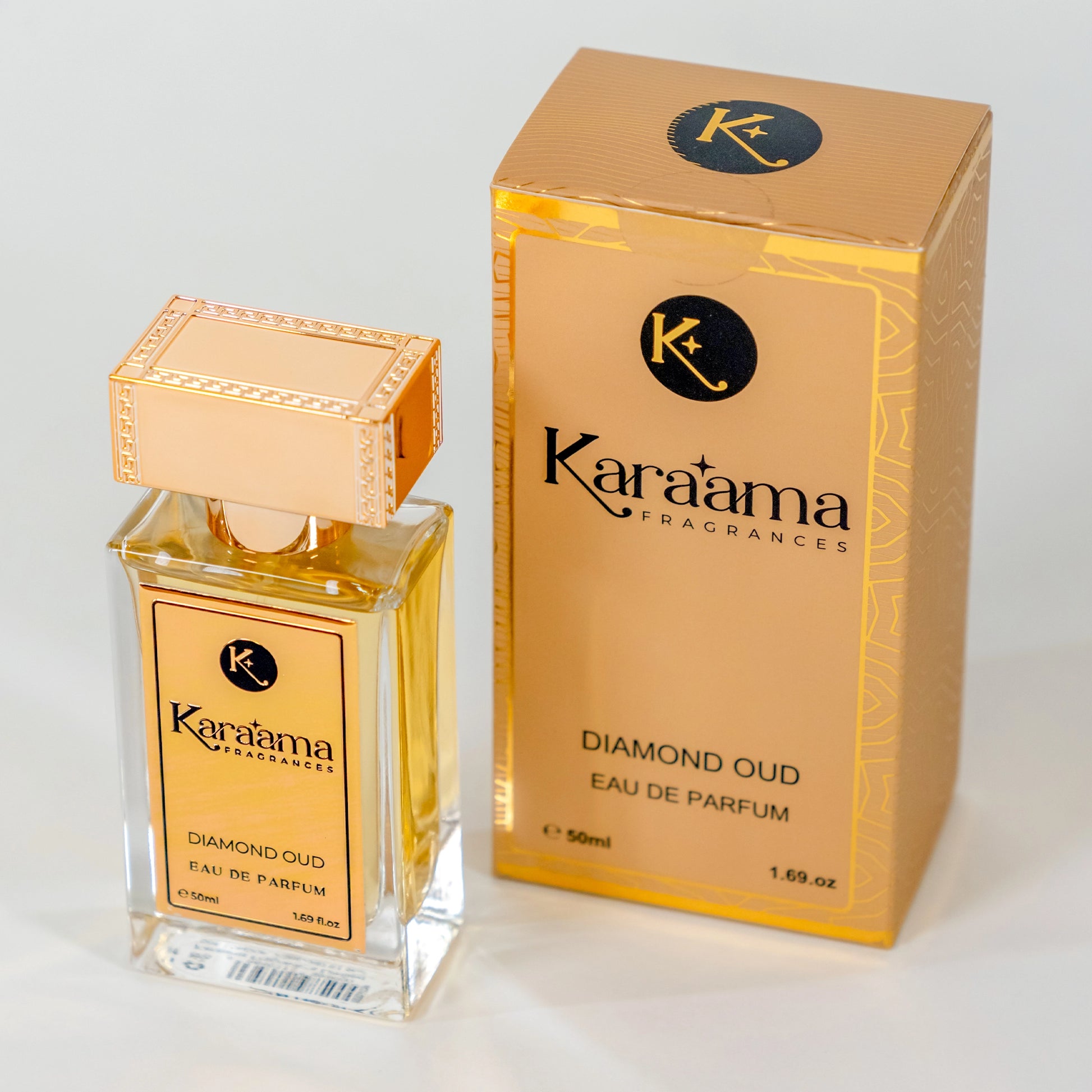 Discover the luxury of Diamond Oud Eau de Parfum by Karaama Fragrances. A trending scent encased in an elegant gold design with intricate details, perfect for those seeking refined, popular fragrances. Shop the latest in opulent perfumery.