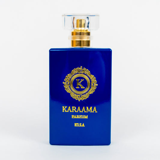 Elegant KARAAMA perfume bottle, featuring a rich blue hue and ornate golden detailing, exuding luxury and trendsetting style. Ideal for fragrance enthusiasts seeking a bold statement piece. #Perfume #LuxuryFragrance #FashionTrends #ScentGoals #StyleStatement
