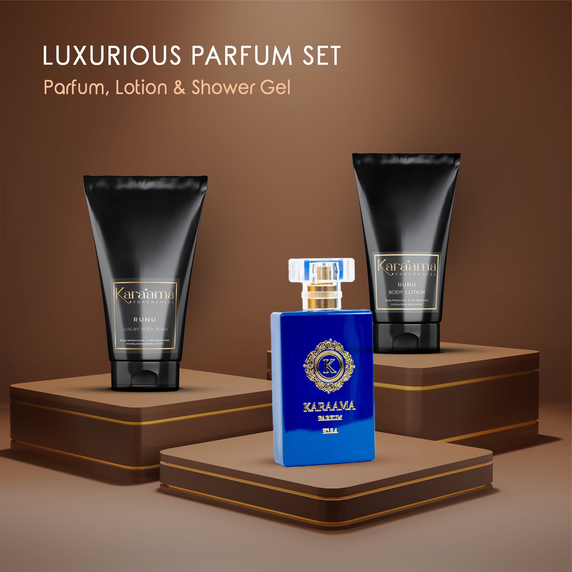 "Elevate your daily routine with this luxurious Karazma Parfum Set featuring premium perfumes, body lotion, and shower gel, presented on sleek brown pedestals for a touch of elegance."