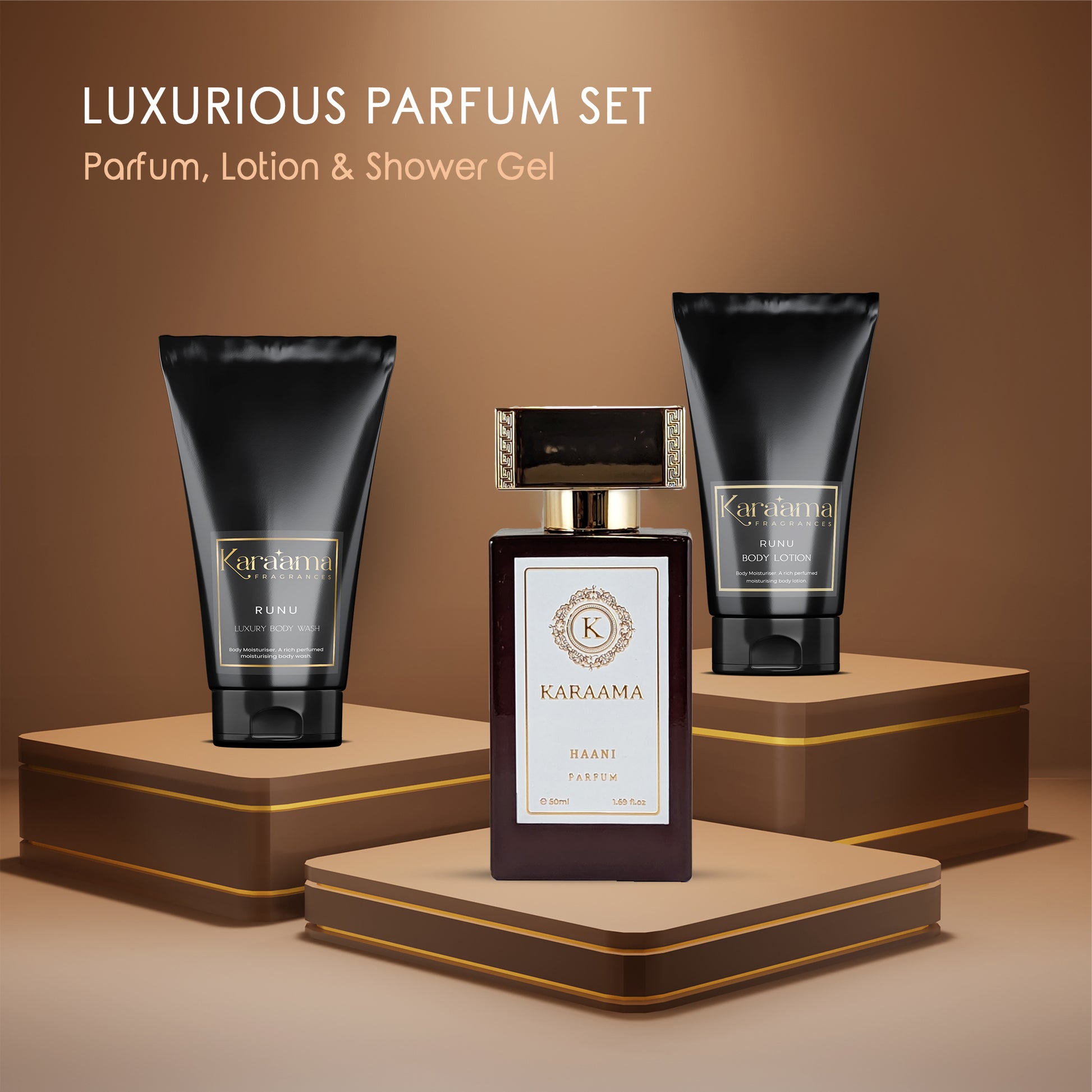 Discover the elegance with KARAAMA's Luxurious Parfum Set: featuring Haani Parfum, Body Lotion & Shower Gel. Indulge in sophistication for your beauty regimen. #LuxuryBeauty #PerfumeSet #KaraamaCollection #PersonalCareTrends #AromaticLuxury #GiftIdeas