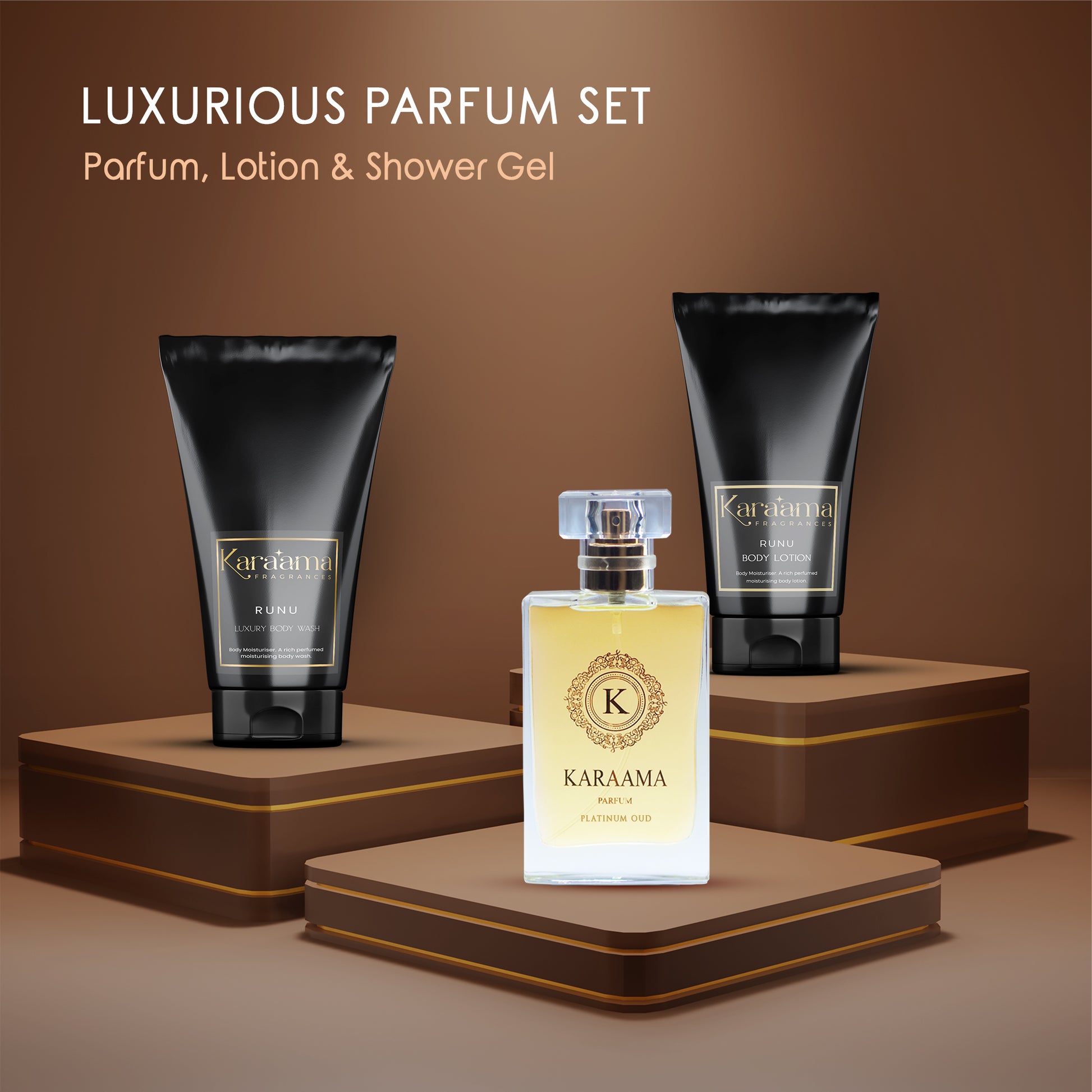 Elevate your self-care routine with Karaama's Luxurious Parfum Set, featuring an opulent blend of perfumed lotion, shower gel, and Platinum Oud parfum, elegantly presented for the ultimate sensory indulgence. #LuxuryBeauty #ParfumSet #SelfCareTrends
