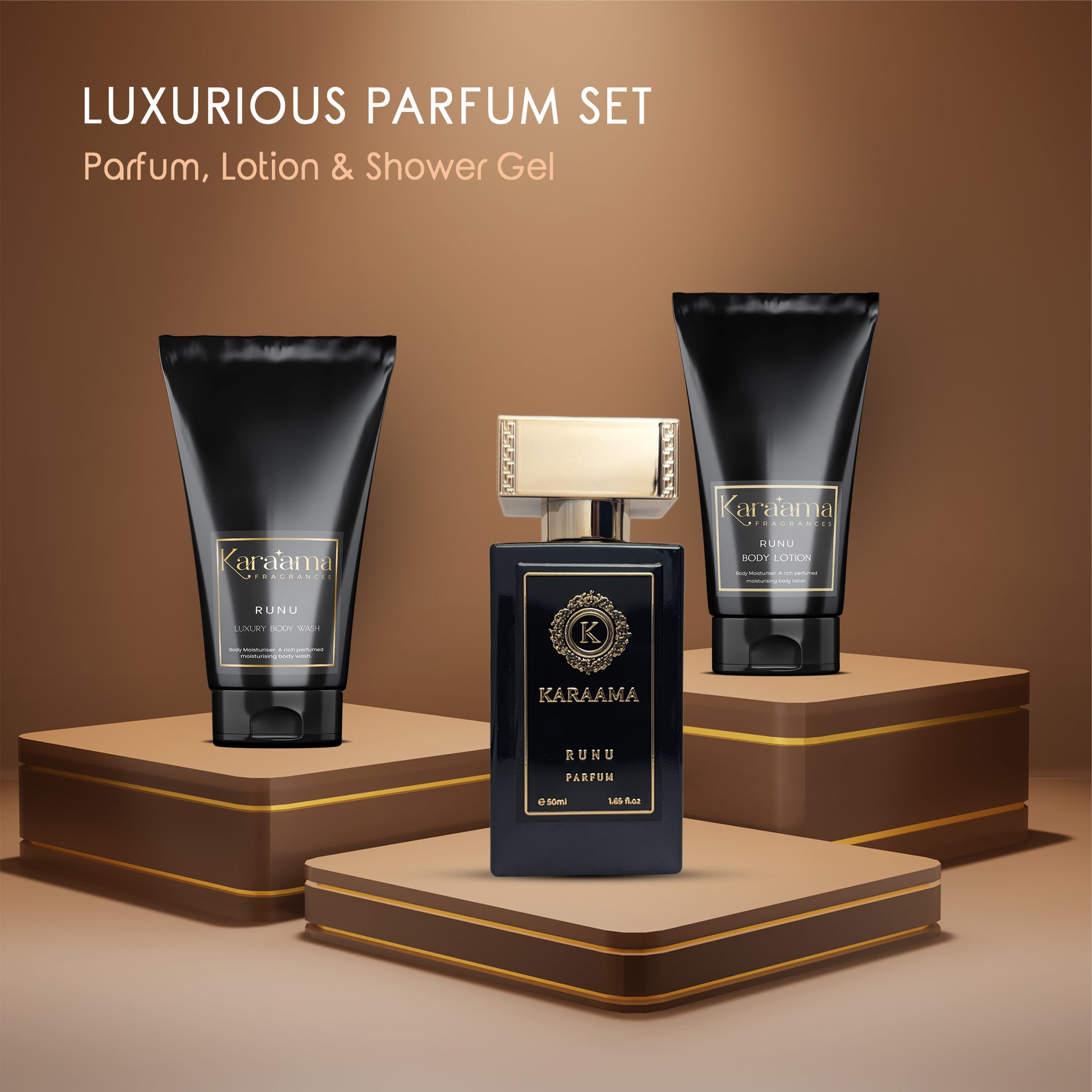 Elevate your daily routine with the Karaama Ruruu Luxurious Parfum Set, featuring an elegant perfume, nourishing body lotion, and refreshing shower gel, all presented on chic golden pedestals. #PerfumeSet #LuxuryBeauty #SelfCareTrends #FragranceCollection #ElegantGifts
